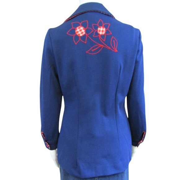 Vintage Flower Embroidery Navy Red Jacket and Checkered Vest Shirt Set - Picture 2 of 4